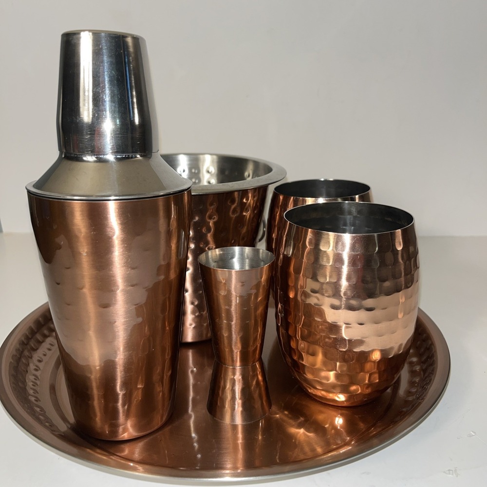 6-Piece Hammered Copper Finish Bar Set Tray, Shaker, Ice Bucket, Jigger, 2 Glass